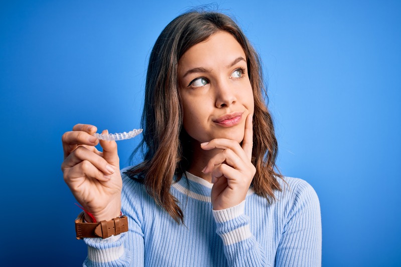 Patient looking puzzled at their Invisalign trays 